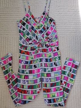 Mara Hoffman Girls Multicolor Geometric Stripe Jumpsuit - Pink, Green & Blue